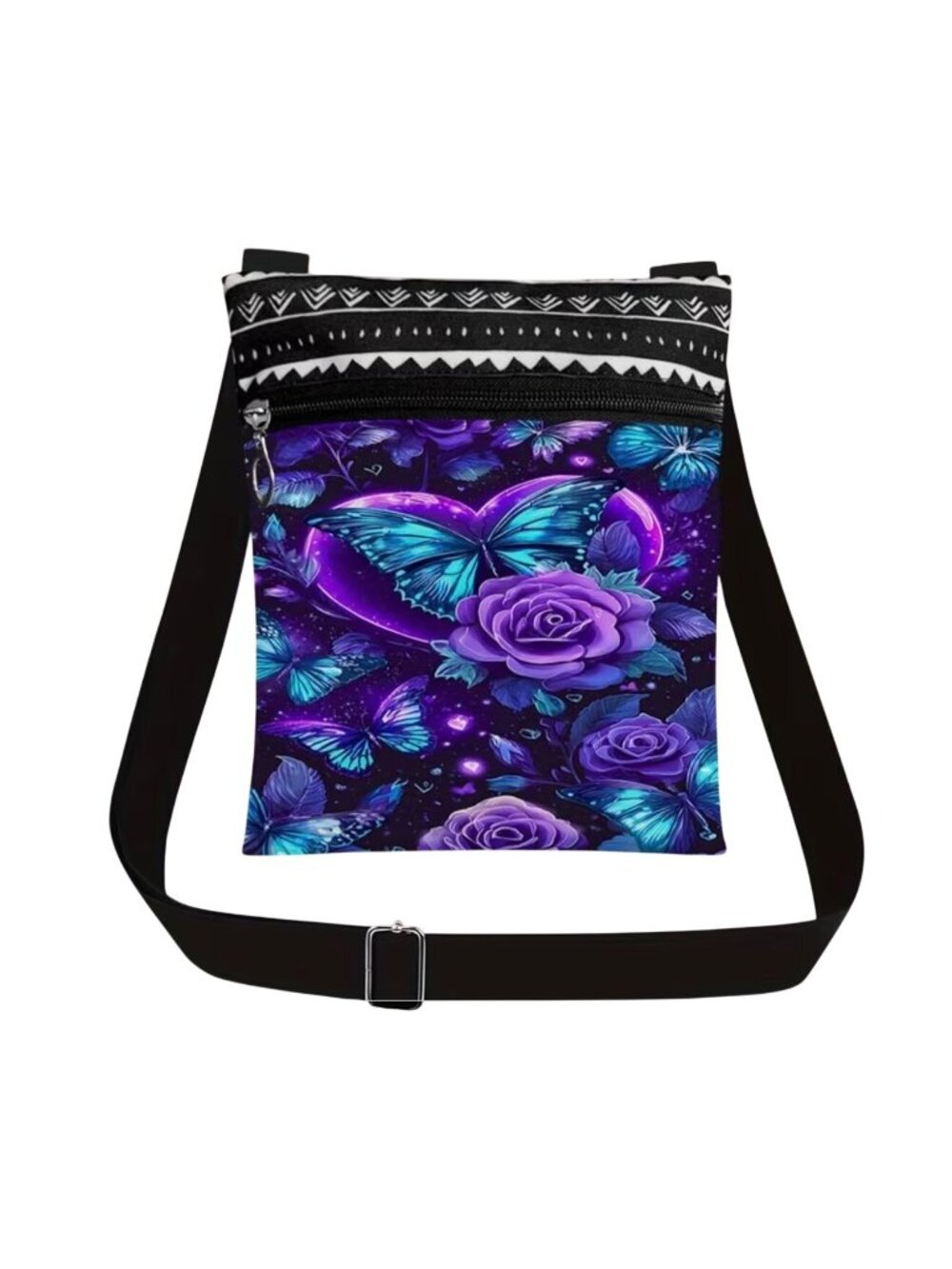 Butterfly & Rose Print Crossbody Bag  Durable 20x24cm Size Vibrant Colors